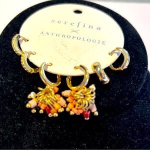 Serefina by Anthologie 3 pair of earrings, danity  Goldtone, pink, white, beige